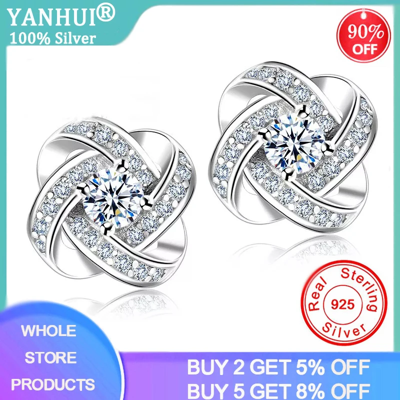 Stud-Earrings Crystal Silver Luxury Jewelry-Accessory 925 Women YANHUI Solid Zircon Wedding