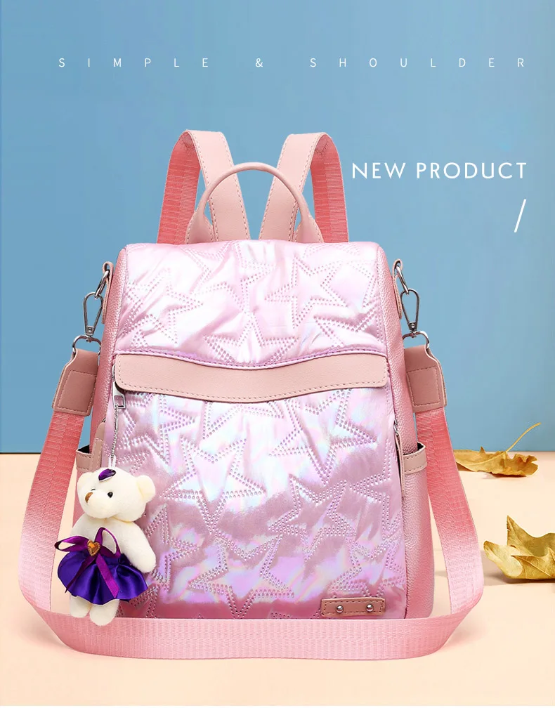 Женские рюкзаки, розовый кожаный рюкзак со звездами и блестками для подростков, школьные сумки для девочек, Молодежные противоугонные рюкзаки, кошелек, дорожные рюкзаки