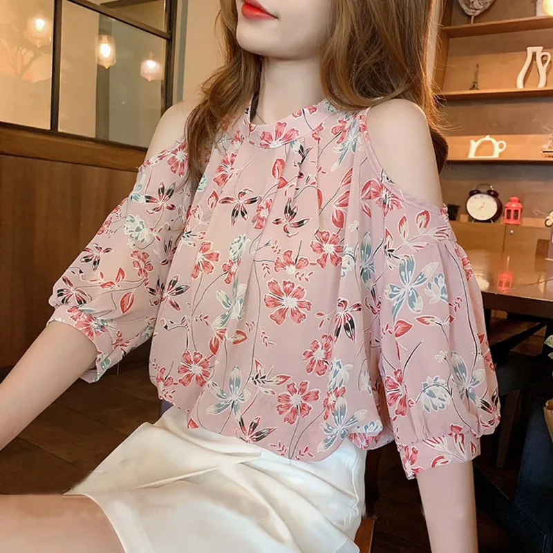 

Z 2019 Sexy Summer Women Temperament Off-the-shoulder Floral Print Chiffon Shirt Sexy Round Neck Short Sleeve Casual Tops