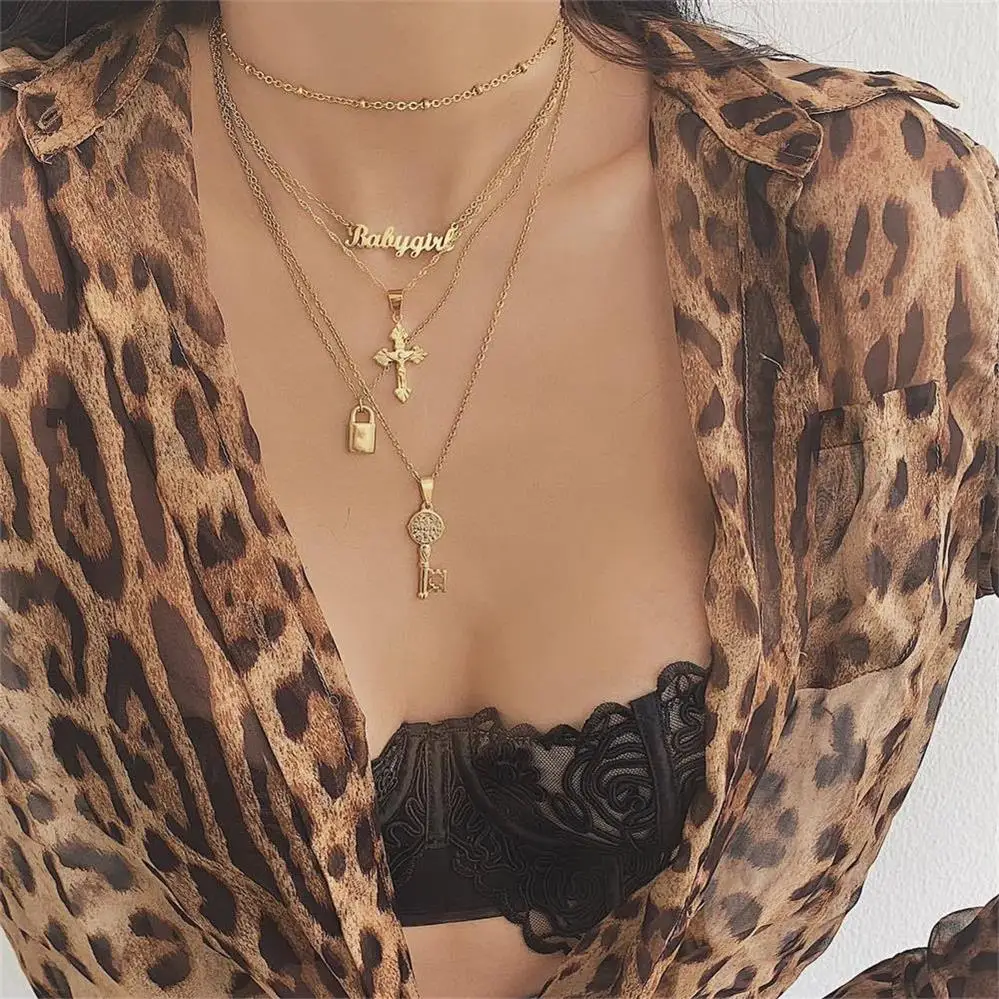 

Bohemian Female Necklace Letter Cross Lock Key Pendant Gold Necklace Set Women Fashion Valentines Day Gift Jewelry
