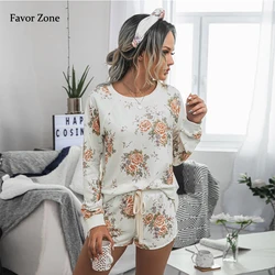 Floral Print Home Tracksuit Women Suits Autumn Long Sleeve Casual Loose Women's T-shirt Drawstring Shorts Two Piece Set Outfits