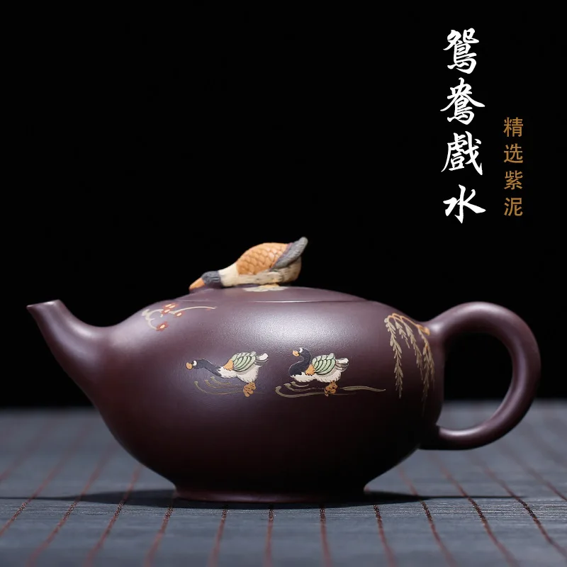 clay purple eggplant mud mandarin duck playing in water hand-made painted teapot color | Дом и сад