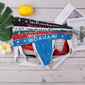 

5 Pcs/Lot New 2020 WOXUAN Brand Men's Backless Thongs Underwear Cotton Spandex Stars Printed Gay Sexy Jockstraps and G-Strings