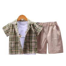 Vêtements d'été en coton pour bébés, t shirt et short pour garçons et filles, vêtements de sport à motif de dessin animé, à carreaux, 3 pièces/ensembles 