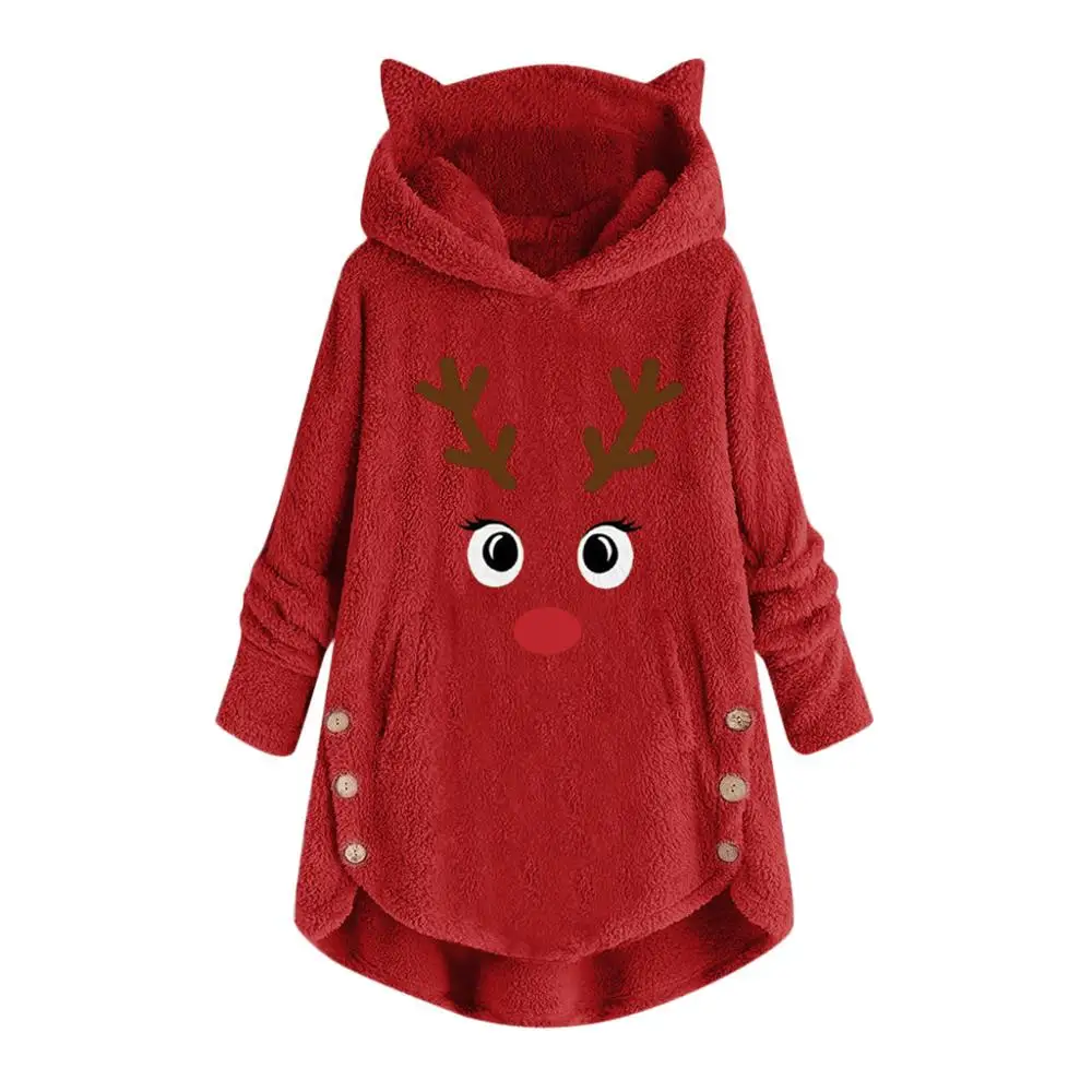 Модный женский свитер с капюшоном и кошачьими ушками, большой размер, длинный рукав, на пуговицах, теплый пуловер, рождественские повседневные топы, свитера - Цвет: Красный