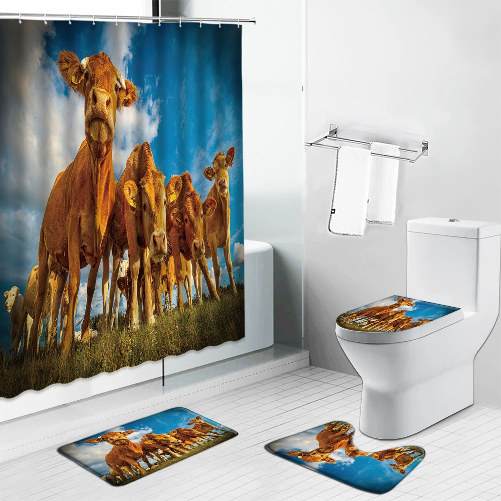 

Farm Animals Cows Shower Curtains Rural Farmhouse Cattle Print Bathroom Curtain Set Non-Slip Carpet Toilet Cover Rug Kitchen Mat