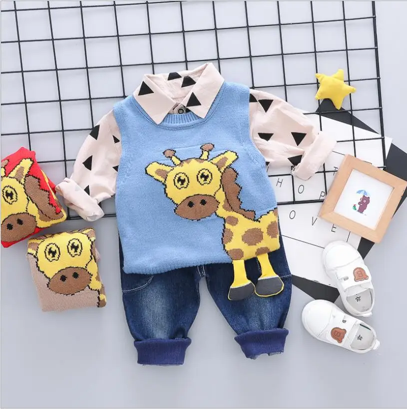 Весна-осень дети мультфильм животных свитер c жирафом; футболка и джинсы; костюм из трех предметов - Цвет: Синий