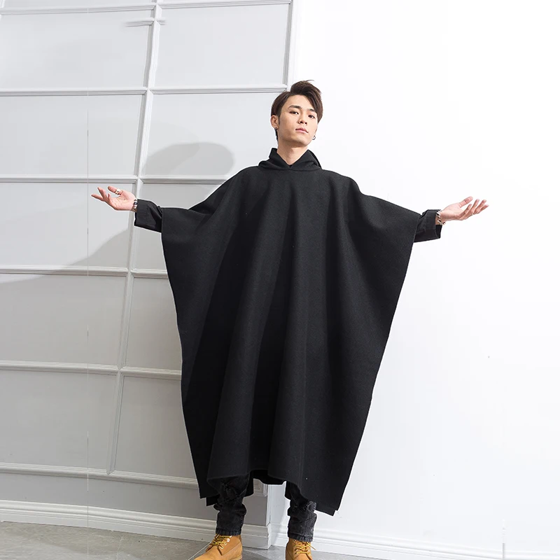 

M-4XL Retro Woolen Coat Men's Hooded Over-Knee-length Coat Winter Korean Black Student Cloak Tall Clothes
