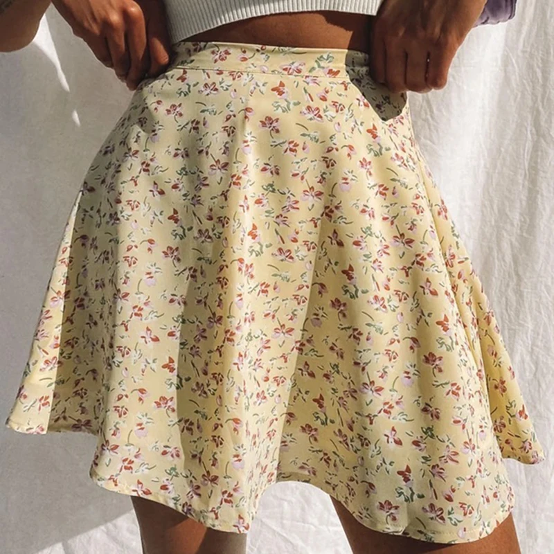 

Women Boho Floral Print High-waisted Skirt Casual Harajuku Mini Chiffon Skirts Beach Holiday Slim A Line Skirt Summer Light