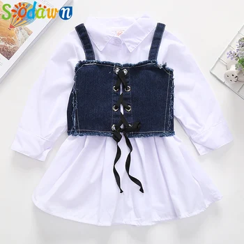 

Sodawn Baby Girls dress Princess Casual Shirt Dress + Denim Vest Long sleeve Party Fashion Dresses Clothes 2pcs Outfits