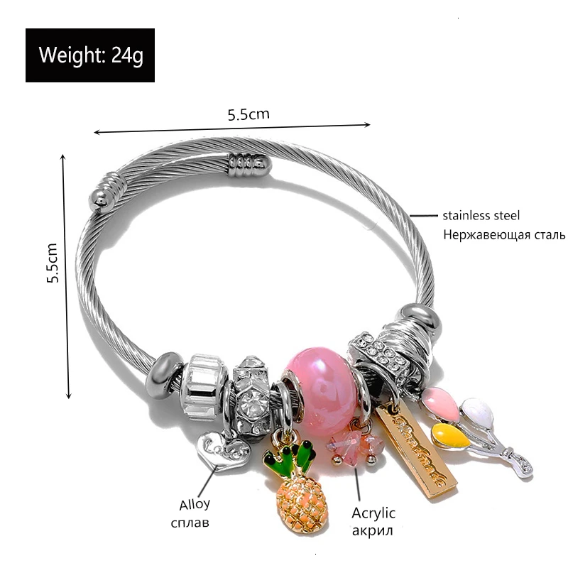 Chic Enamel Pineapple Stainless Steel Bangle Bracelet Women Accessories Fashion Jewelry Love Letter Cuff Bracelets Bijoux Femme
