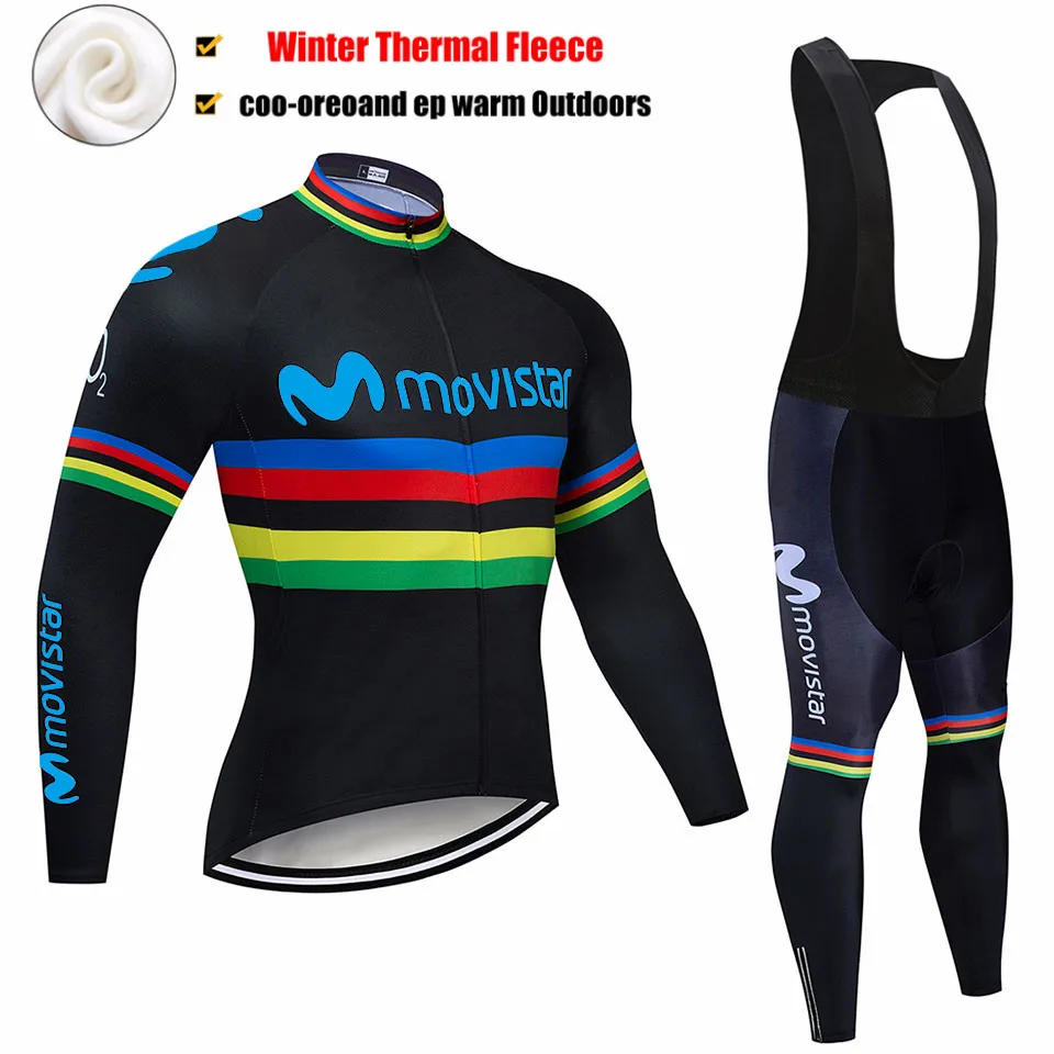 

2019 Winter Movistar team Long Sleeve Cycling Jersey Bike Pants Set Mens Ropa Ciclismo Thermal Fleece Bicycling 9D gel pad