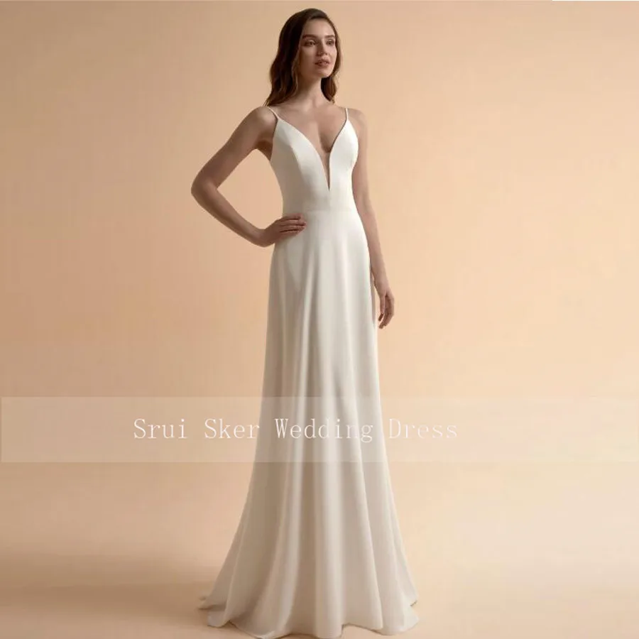 

Simple White Wedding Dress Sheath Spaghetti Strap Wedding Gown Sexy Backless Cheap Bridal Dress