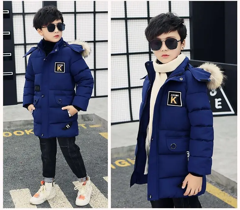 Детская зимняя утепленная ветрозащитная одежда куртки для мальчиков детская одежда хлопковое утепленное пуховое пальто с меховым капюшоном для мальчиков-подростков От 4 до 15 лет