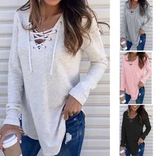 CALOFE осень зима женская Свободная Повседневная рубашка модная футболка на шнуровке Женская однотонная Мягкая футболка с v-образным вырезом и длинным рукавом