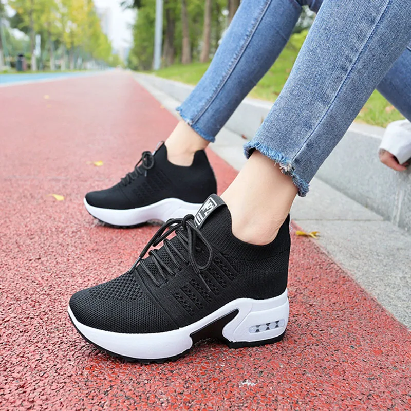

Rimocy Women's Height Increasing Wedge Sneakers Autumn Slip on Knit Shoes Woman 8 CM High Heel Tenis Feminino Black Casual Shoes
