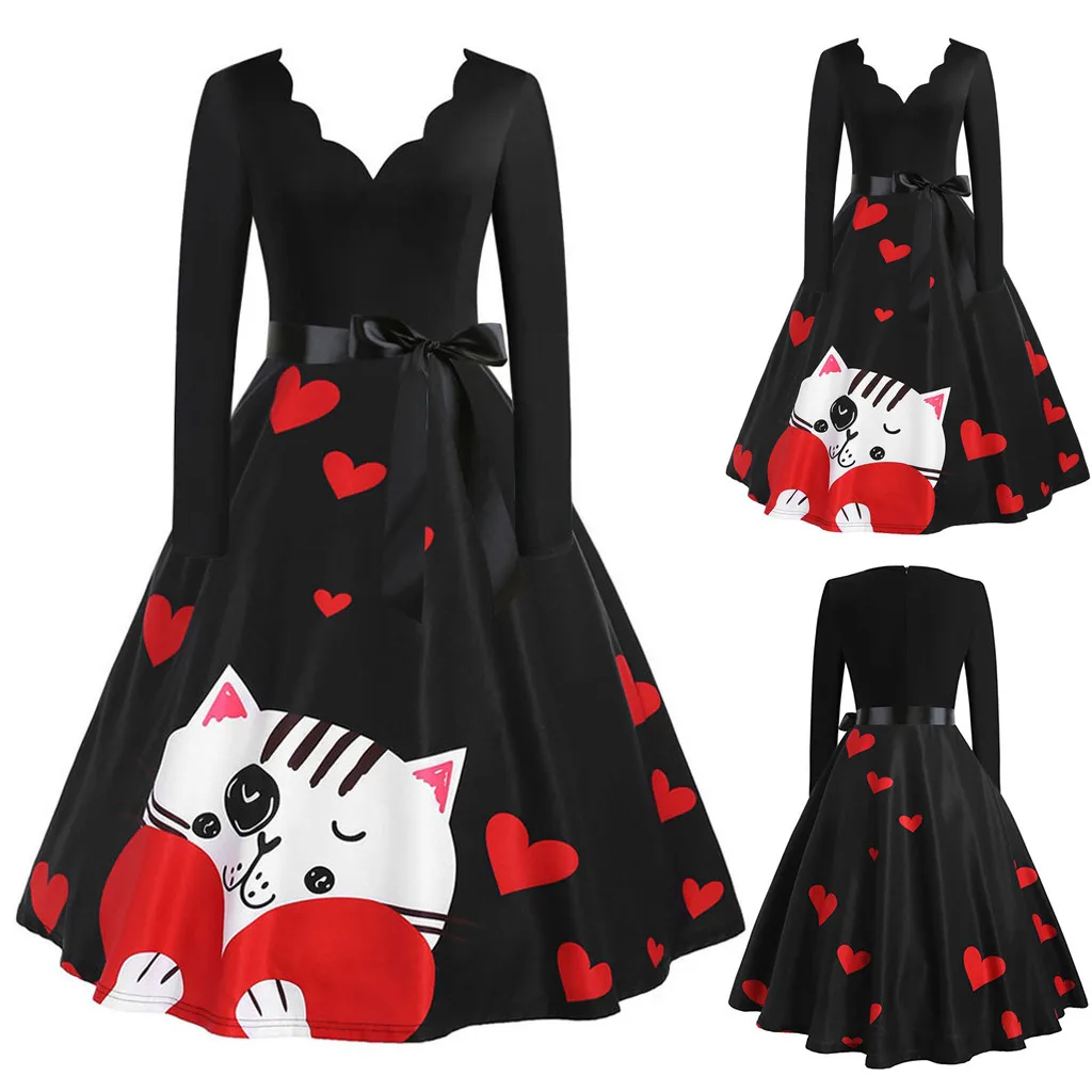 Robe noel femme зимние платья для женщин с длинным рукавом и принтом Винтаж Pin up