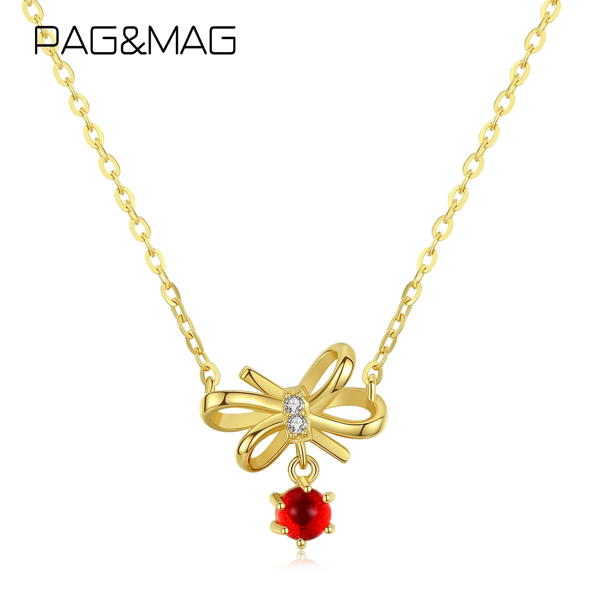 PAG & MAG подлинное 14K золото ожерелье с бантом для женщин красный драгоценный камень