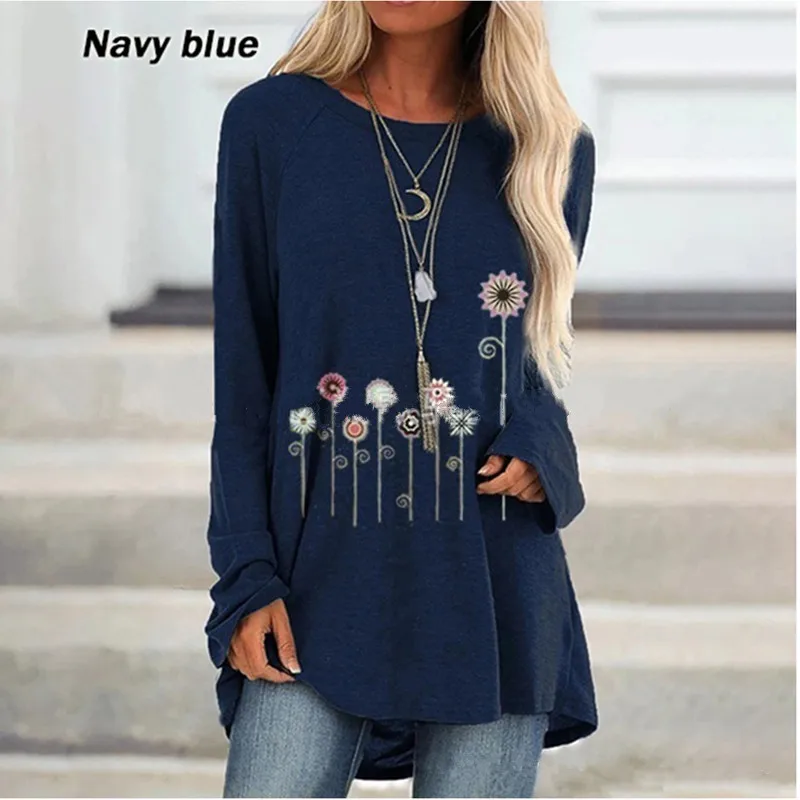 New Autumn Women Tops Floral Dandelion Print Long-sleeved T-shirt Round Neck Loose Casual T-shirt Large Size Pullover Ladies Top best t shirts for men