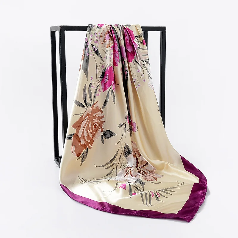 Платок женский Шелковый сатиновый хиджаб шарф модный принт платок сумка для волос шарфы женские 90*90 см квадратные шали шейный платок - Цвет: FJ144-5