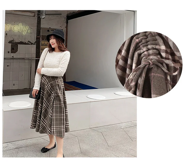 Женская Клетчатая Шерстяная Юбка в Корейском стиле на завязках с высокой талией, большие размеры