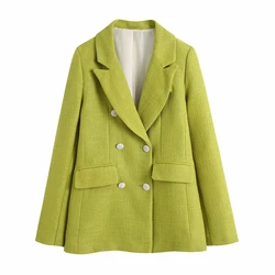 Za outono casaco feminino com vento pequeno perfumado casual, jaqueta com lapela dupla face, manga comprida, blazer texturizado tweed