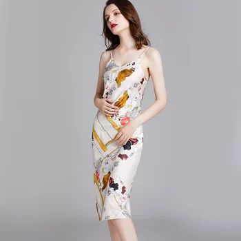 

Beige Women Nightdress Print Spaghetti Strap Nightgown Satin Sleepwear Intimate Lingerie Silky Kimono Robe Gown Nightwear