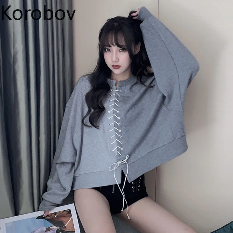 Korobov Harajuku женское короткое худи с длинным рукавом модного цвета, в стиле пэчворк Корейская толстовка бандажная Верхняя одежда Топ 78933