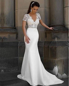 

Vestido De Noiva Sereia Sexy V Neck Lace Mermaid Wedding Dresses Open Back Beading Belt Wedding Gowns Robe De Mariee for Bride