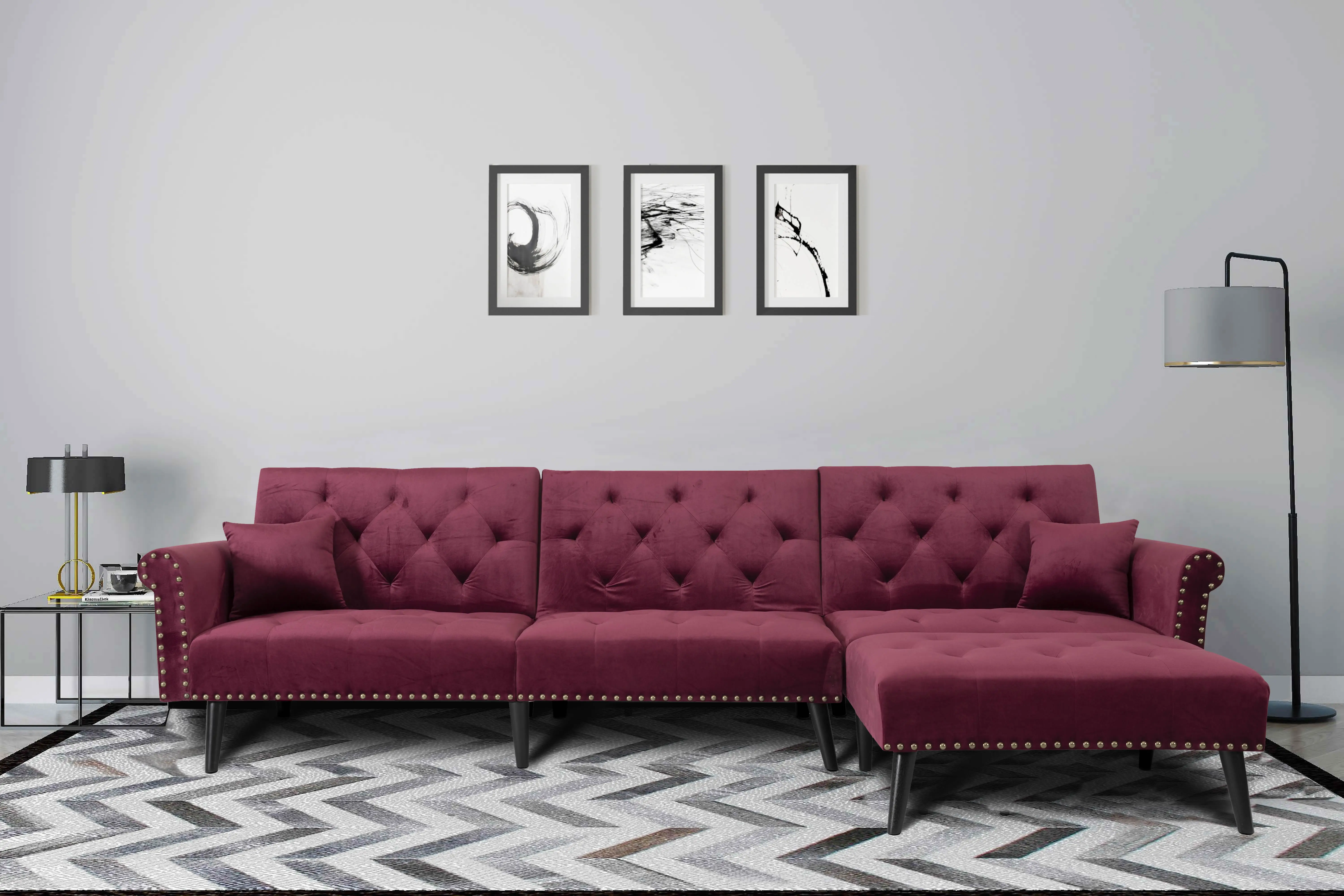 

Wine Red Velvet Sofa Bed Convertible Sleeper Sofa Home Furniture Adjustable L Sofa US Warehouse Drop Shipping