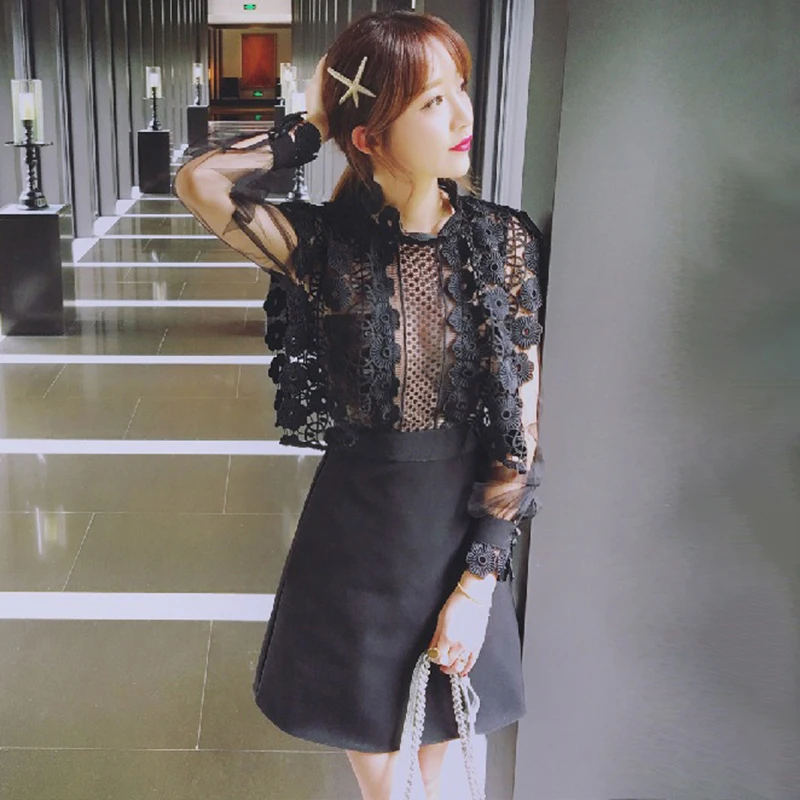 Женское кружевное платье Автопортрет Черное вечернее вязаное с длинным рукавом