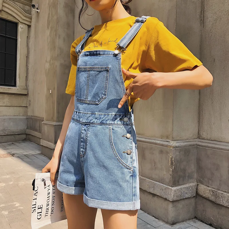 

2020 Summer Jeans Woman Jumpsuit Shorts Loose Light Blue Wash Cowboy Overalls For Female