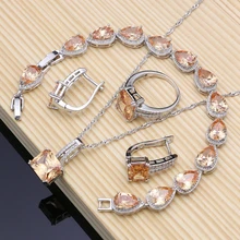 Квадратные 925 серебряные свадебные ювелирные изделия цвета шампанского, циркониевые Ювелирные наборы для женщин серьги/кулон/ожерелье/кольца/браслет