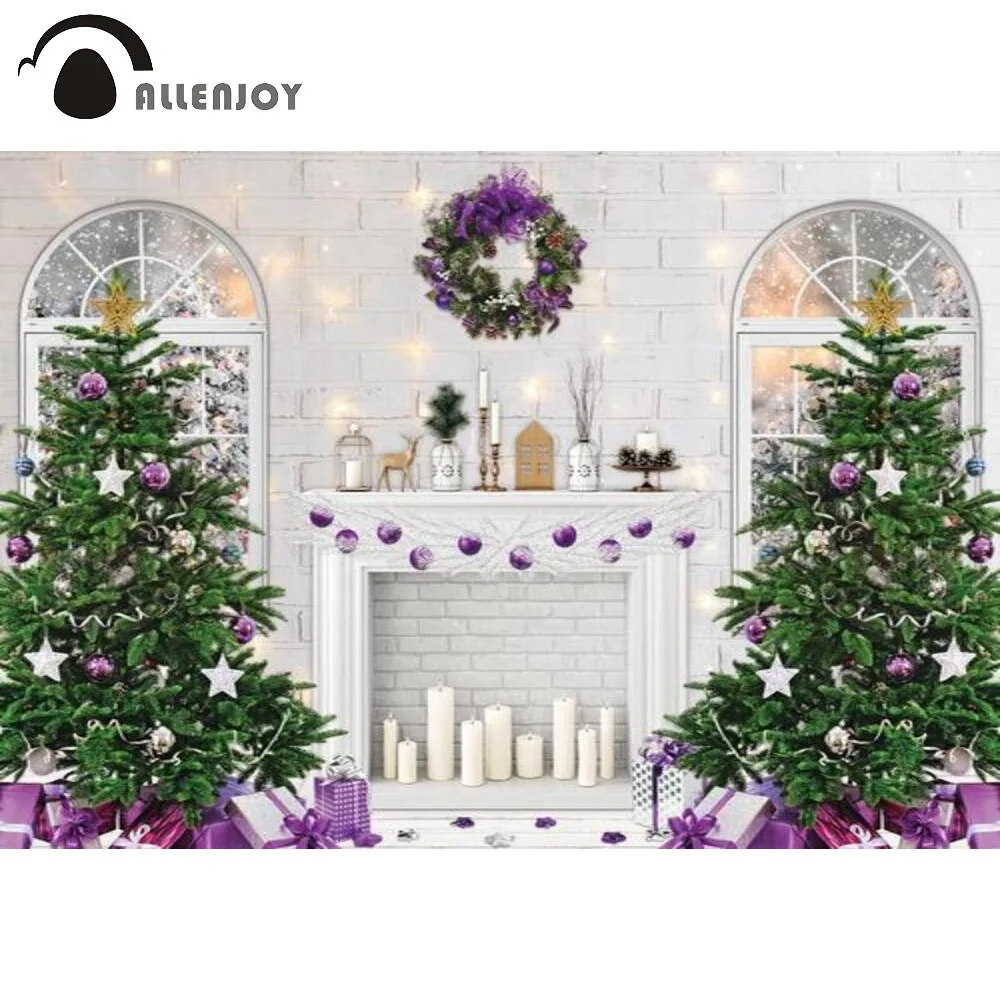 

Allenjoy Christmas Party Winter Background Lights Wreath Banner Fireplace Candle Trees Brick Wall Snow Purple Bells Backdrop