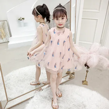 

Children Clothes Summer Girls Dress Fashion Teenage Girl Sleeveless White Gauze Feather Stitchwork Princess Dress Casual Dresses