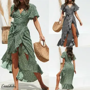 

Women Wrap Summer Boho Polka Dot Print Beach Evening Party Maxi Dress Ladies Summer Holiday Midi Chiffon Sun Dress Plus Size