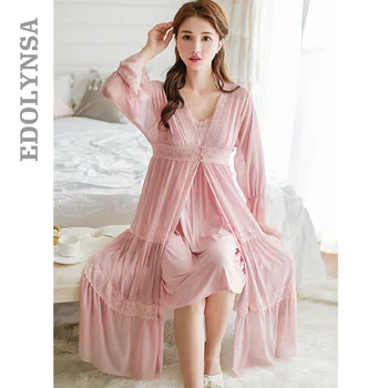 

Robe Set Two Pieces Spaghetti Strap Deep V Neck White Cotton Sleepwear Lace Bathrobe Set Luxury Nightgown Long Negligee T668