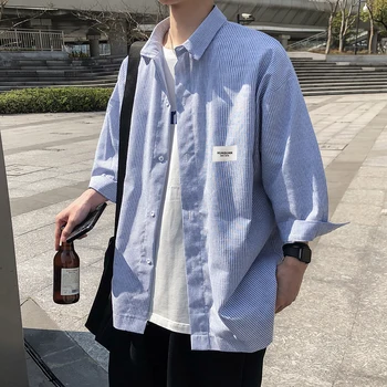 

QUANBO brand korean clothes 2020 spring summer new plus size loose short shirts men's streetwear striped blue shirt 100% Cotton