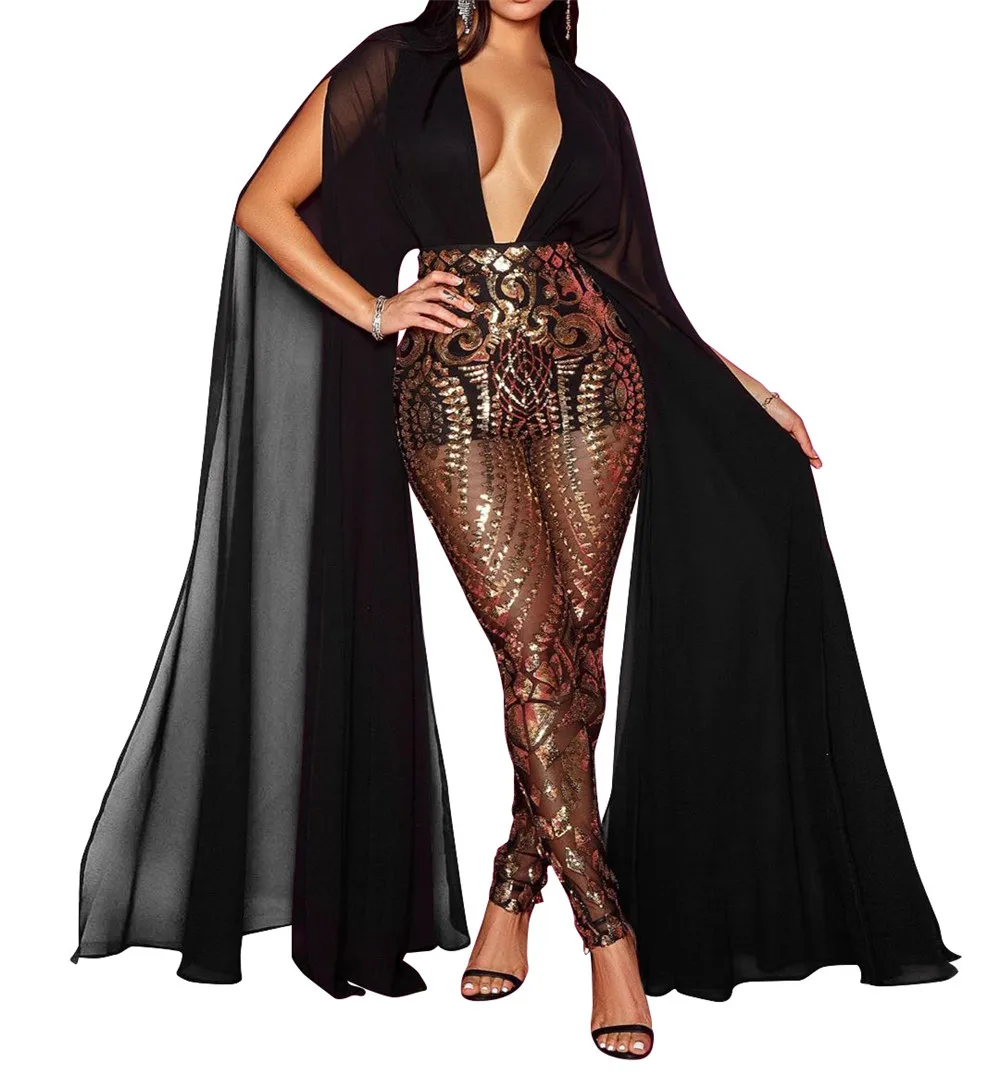

Elegant Celebrity Evening Sequin Jumpsuit Women Deep V-Neck Patchwork Long Sleeve Mesh Sheer Romper Club Sparkly Female Overalls