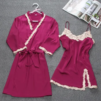 

Slip Slit Dress Temptation Summer Silk Sleepwear 2PCS Pajamas For Women Bathrobe Sleep Tops Lingerie Set Sexy сексуальное белье