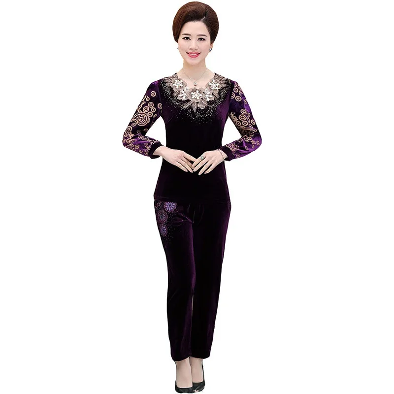 

Middle-aged Women Sportswear Suit Autumn Embroidery Gold Velvet 2 Piece Set Plus Size 5XL Sportsing Casual Clothing Female Sets