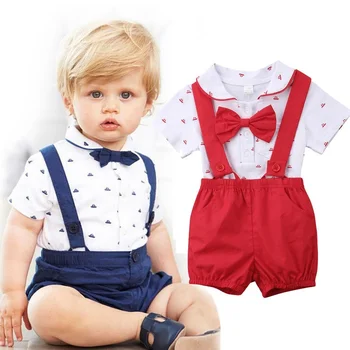 

2 pieces Solid Handsome Short sleeve Shirt and Suspender Shorts Set For Baby Boy Clothes