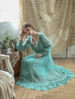 

Vintage Blue and Green Exquisite Lace Collar Mori Girl Skirt Skirt Victoria Slim Dress