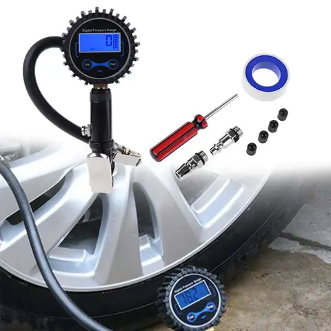 Tire Inflator with Pressure Gauge and Back Night LED Light - Heavy Duty Auto Air Inflating Gun with 4 Valve Caps