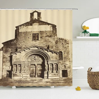 

European Moroccan Decor Shower Curtain Vintage Building Design Polyester Fabric Bathroom Shower Curtain Set with Hooks