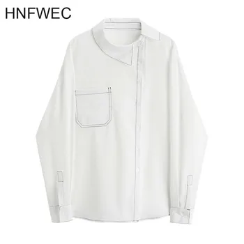 

2019 New Spring Summer Lapel Long Sleeve White Line Split Joint Loose Brief Shirt Women Blouse Fashion Tide W261