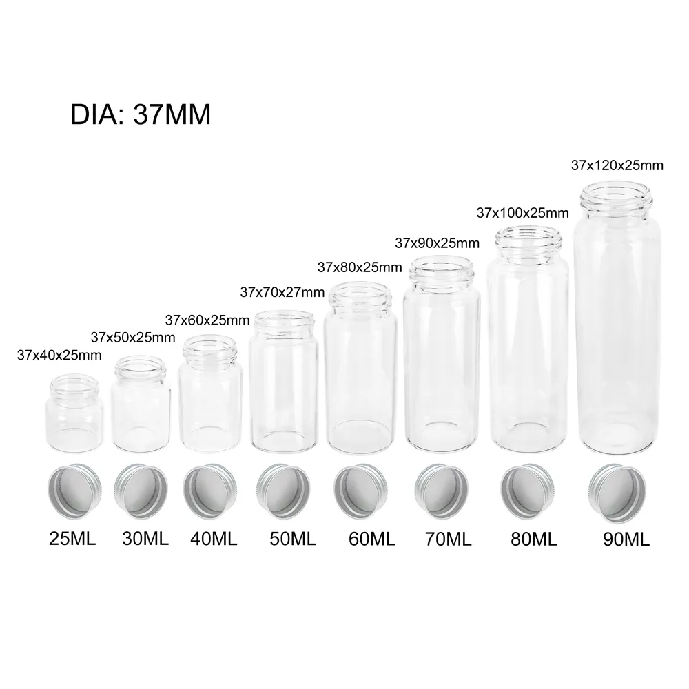 6PC 25ml 30ml 40ml 50ml 60ml 70ml 80ml 90ml Mini Glass Clear Bottle With  Silver Screw Aluminum Cap Food Container Jars Vials