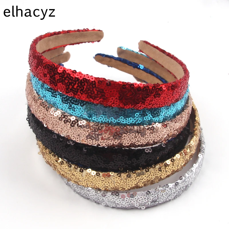 14pcs/lot New Glitter Sequins Hair Band Plain Girls Headbands Solid Sequins 2 CM Wide Hairband Women Shiny DIY Hair Accessories