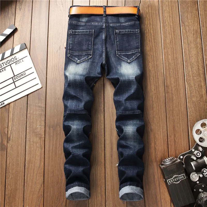 Новая мужская мода патч рваные джинсы вышивка отверстие сплайсинга Slim Fit Feet джинсы классические брюки синие джинсовые брюки мужские