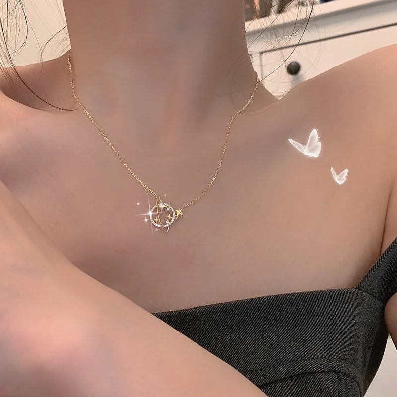 925 Sterling Silver Simple Diamond Gold Planet Pendant Necklace Women Fashion Wedding Party Jewelry Accessories - Image 4